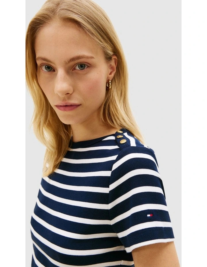 Gold-Tone Button Slim Boat Neck T-Shirt in Navy image 4