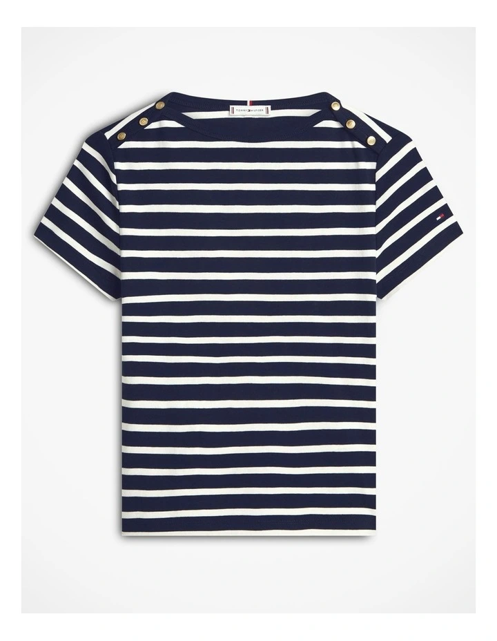 Gold-Tone Button Slim Boat Neck T-Shirt in Navy image 5