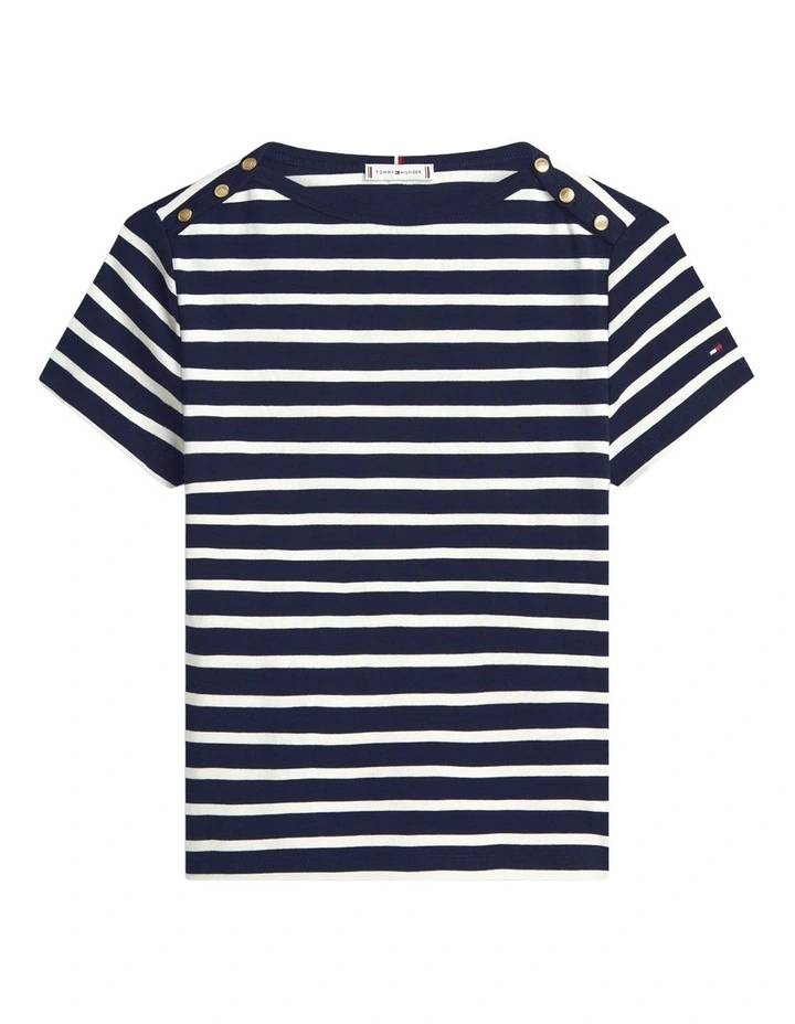Gold-Tone Button Slim Boat Neck T-Shirt in Navy image 5
