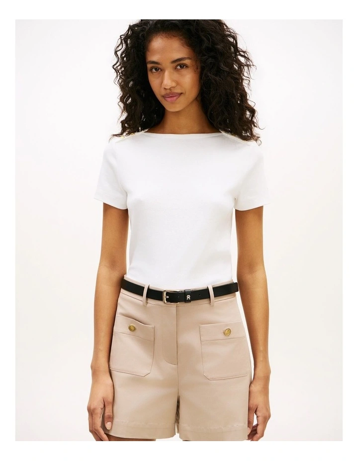 Gold-Tone Button Slim Boat Neck T-Shirt in White image 1