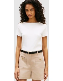 Gold-Tone Button Slim Boat Neck T-Shirt in White