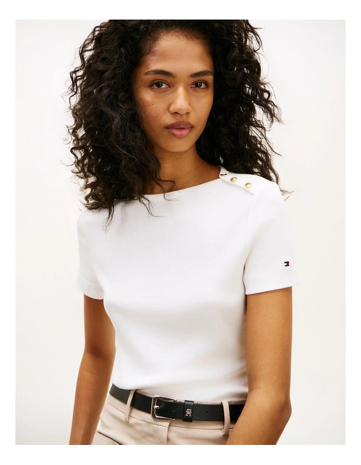 Gold-Tone Button Slim Boat Neck T-Shirt in White image 2