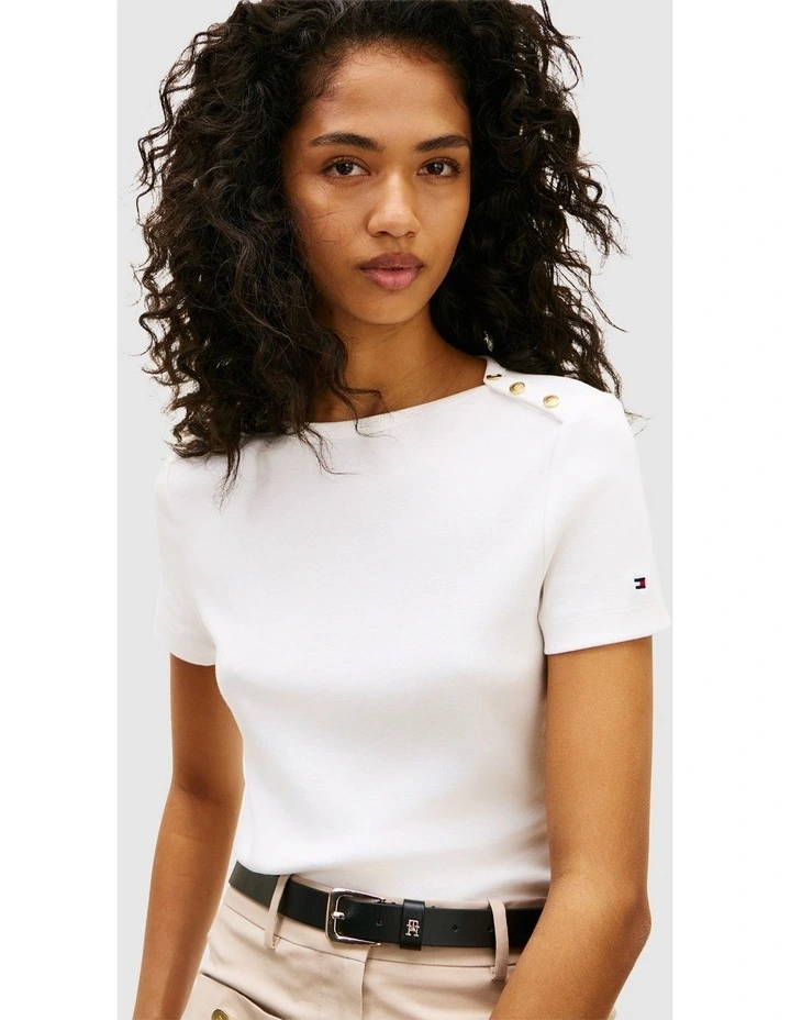 Gold-Tone Button Slim Boat Neck T-Shirt in White image 2