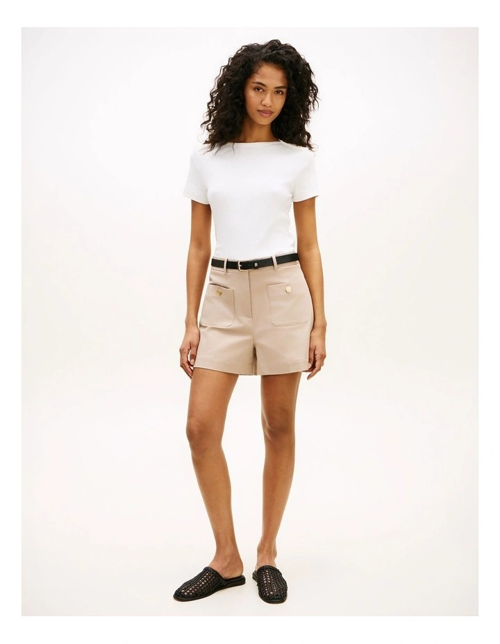 Gold-Tone Button Slim Boat Neck T-Shirt in White image 3