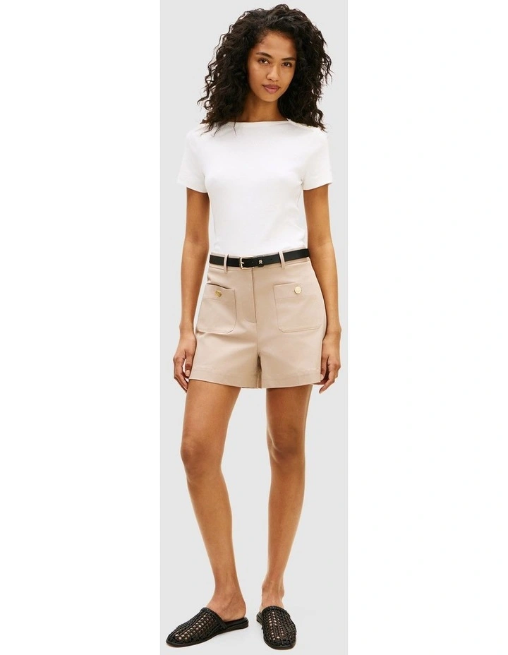Gold-Tone Button Slim Boat Neck T-Shirt in White image 3