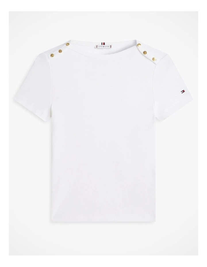 Gold-Tone Button Slim Boat Neck T-Shirt in White image 5