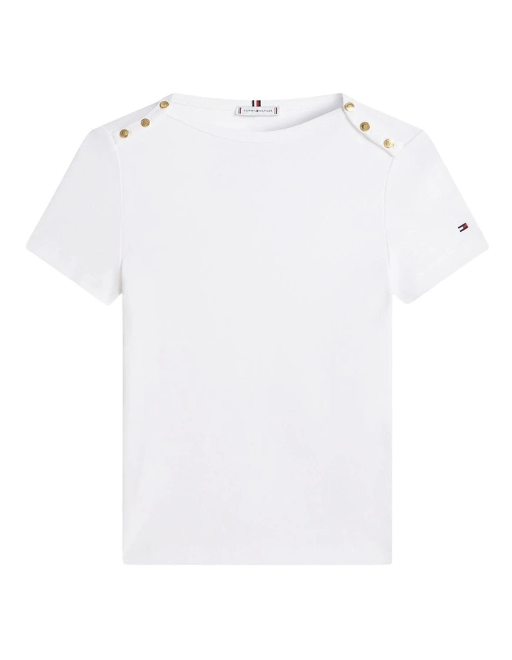 Gold-Tone Button Slim Boat Neck T-Shirt in White image 5