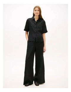 Relaxed Wide Leg Pure Linen Trousers in Black