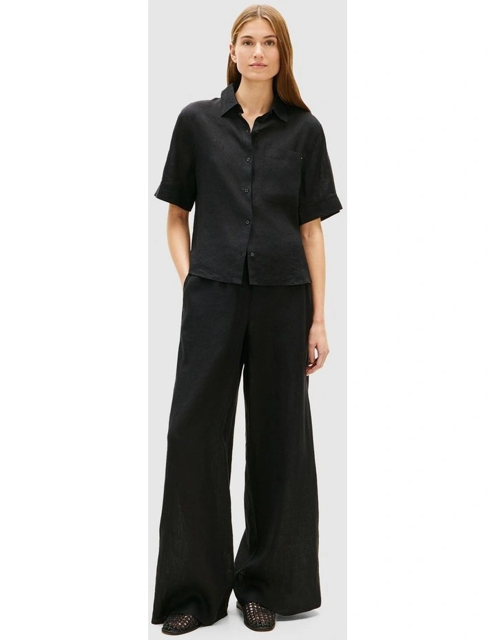 Relaxed Wide Leg Pure Linen Trousers in Black image 1
