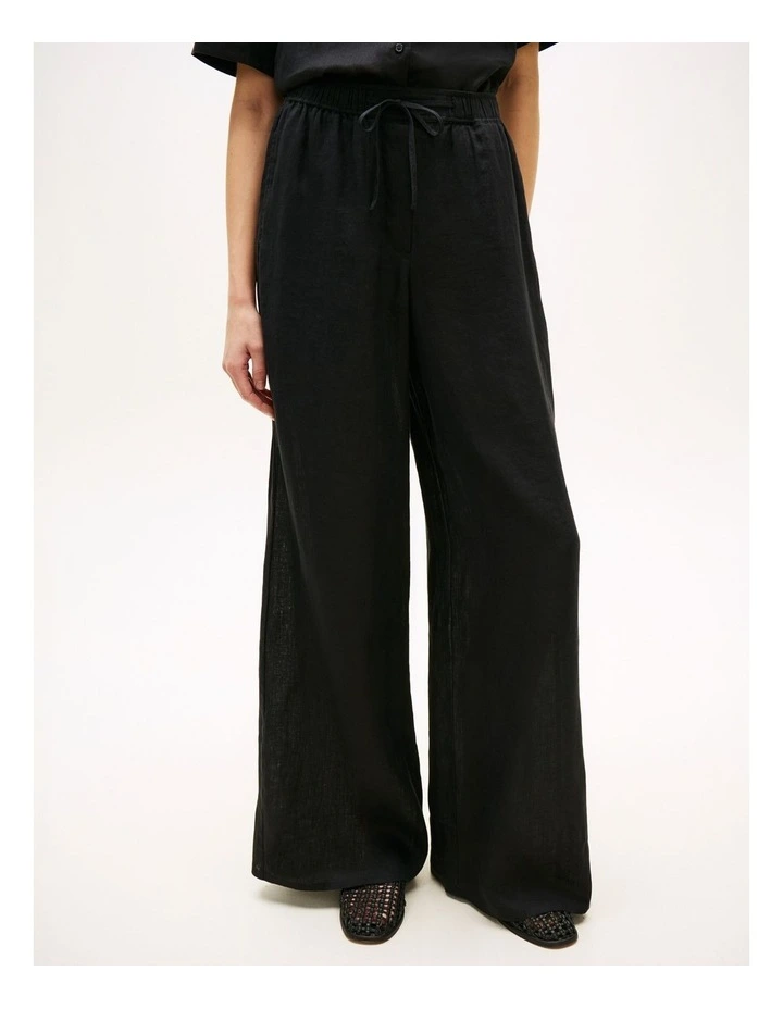 Relaxed Wide Leg Pure Linen Trousers in Black image 2