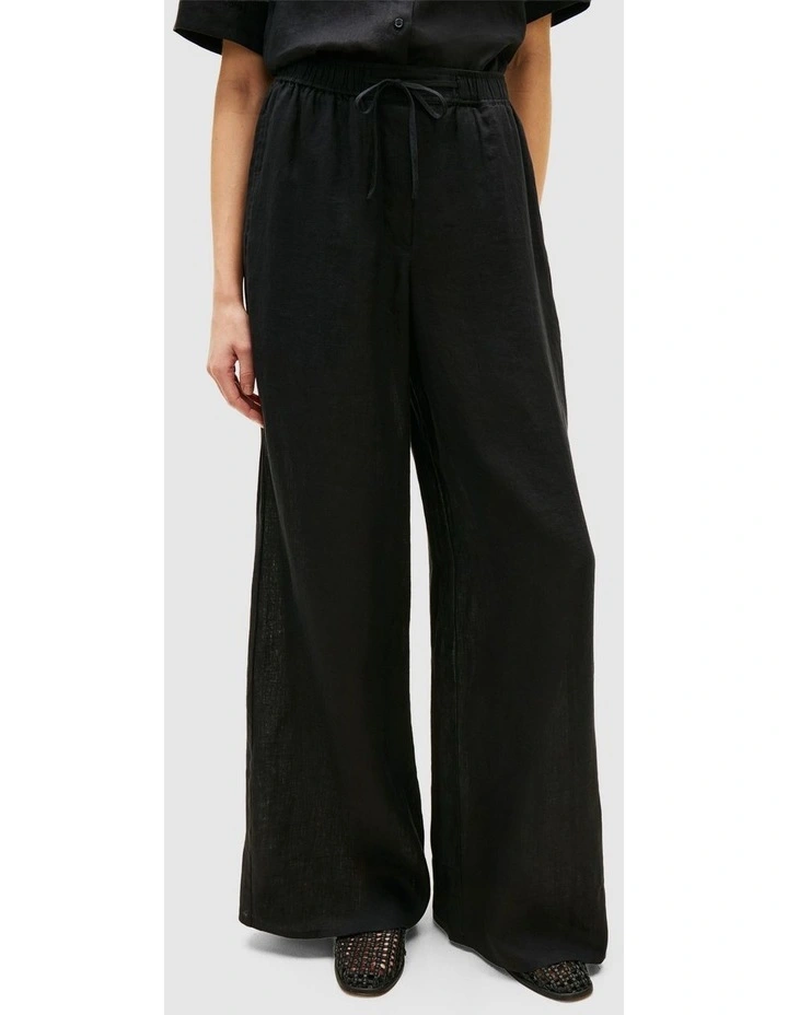 Relaxed Wide Leg Pure Linen Trousers in Black image 2