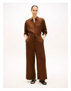 Relaxed Wide Leg Pure Linen Trousers in Brown