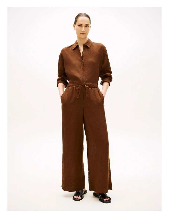 Relaxed Wide Leg Pure Linen Trousers in Brown image 1