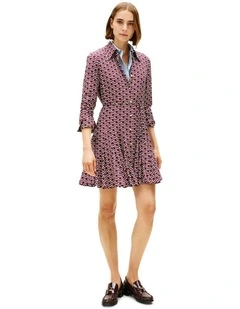 Self-Tie Belt Slim Mini Shirt Dress in Blue