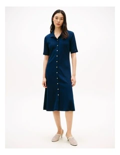 Gold-Tone Button Midi Polo Dress in Blue