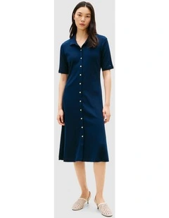Gold-Tone Button Midi Polo Dress in Blue