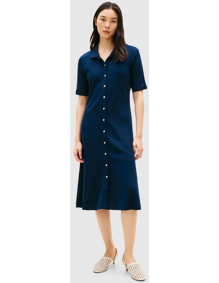 Gold-Tone Button Midi Polo Dress in Blue image 1