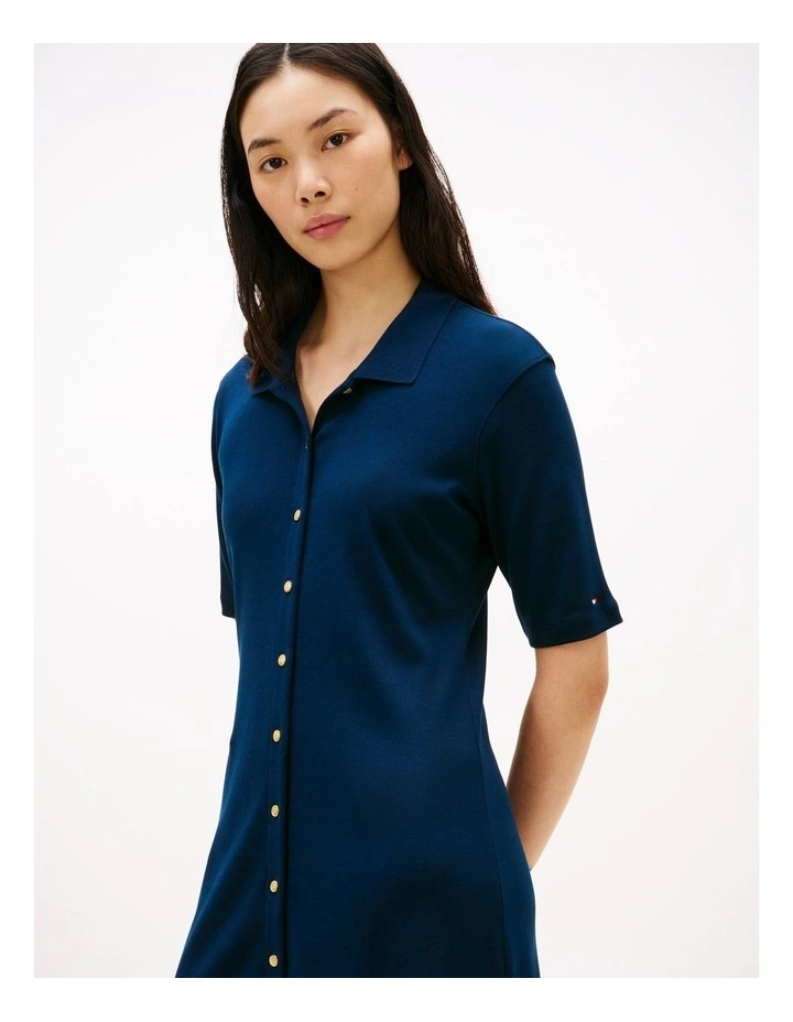 Gold-Tone Button Midi Polo Dress in Blue image 2