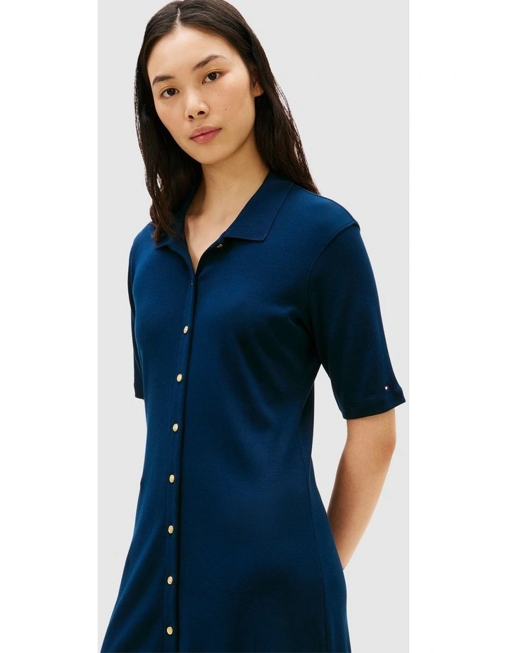 Gold-Tone Button Midi Polo Dress in Blue image 2