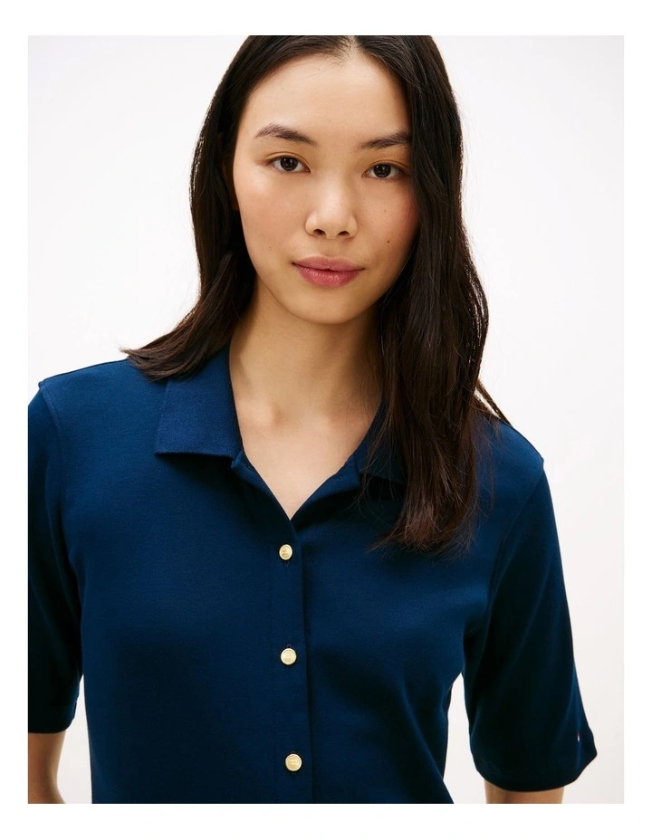 Gold-Tone Button Midi Polo Dress in Blue image 4