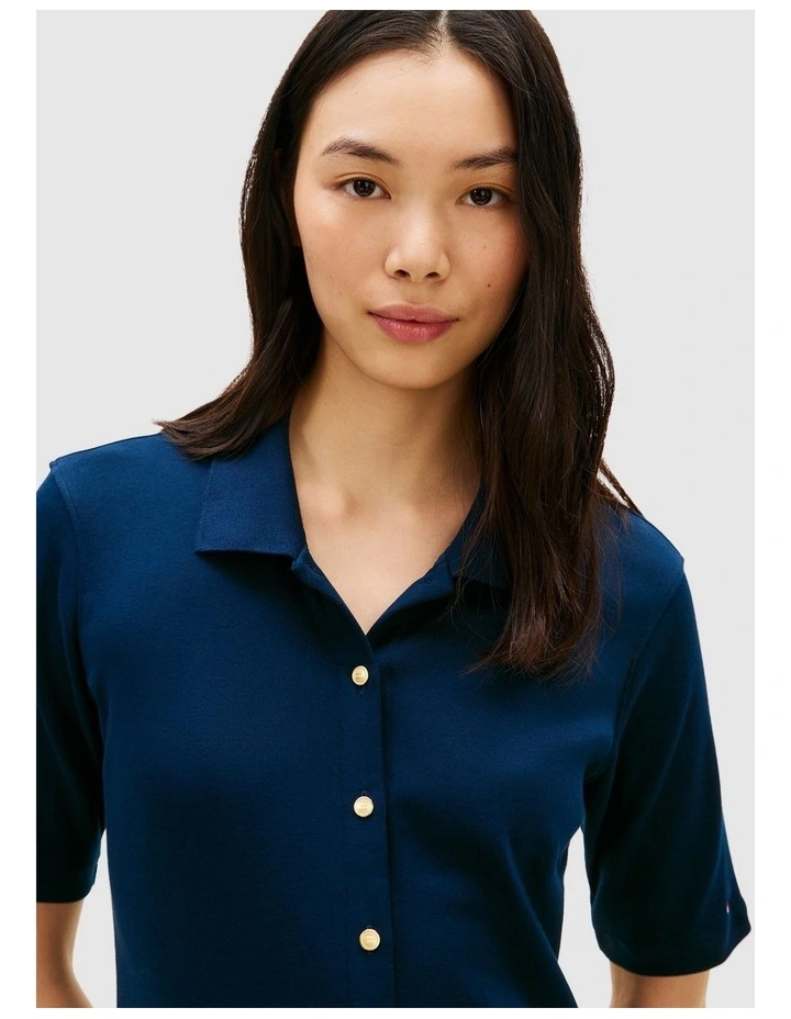 Gold-Tone Button Midi Polo Dress in Blue image 4