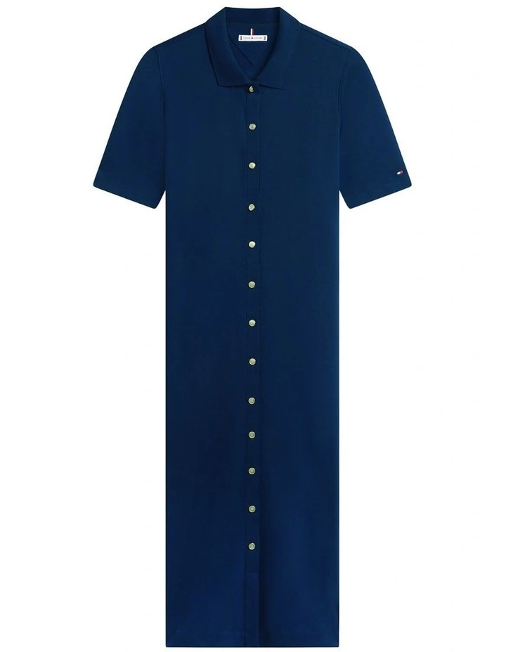 Gold-Tone Button Midi Polo Dress in Blue image 5