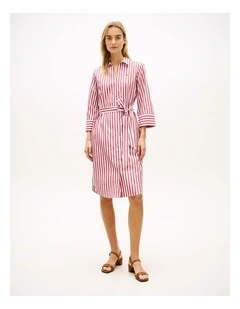 Belted Relaxed Midi Shirt Dress in Red