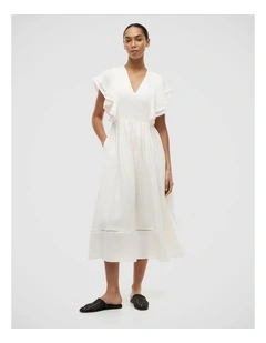 Linen Blend Frill Sleeve Midi Dress in White