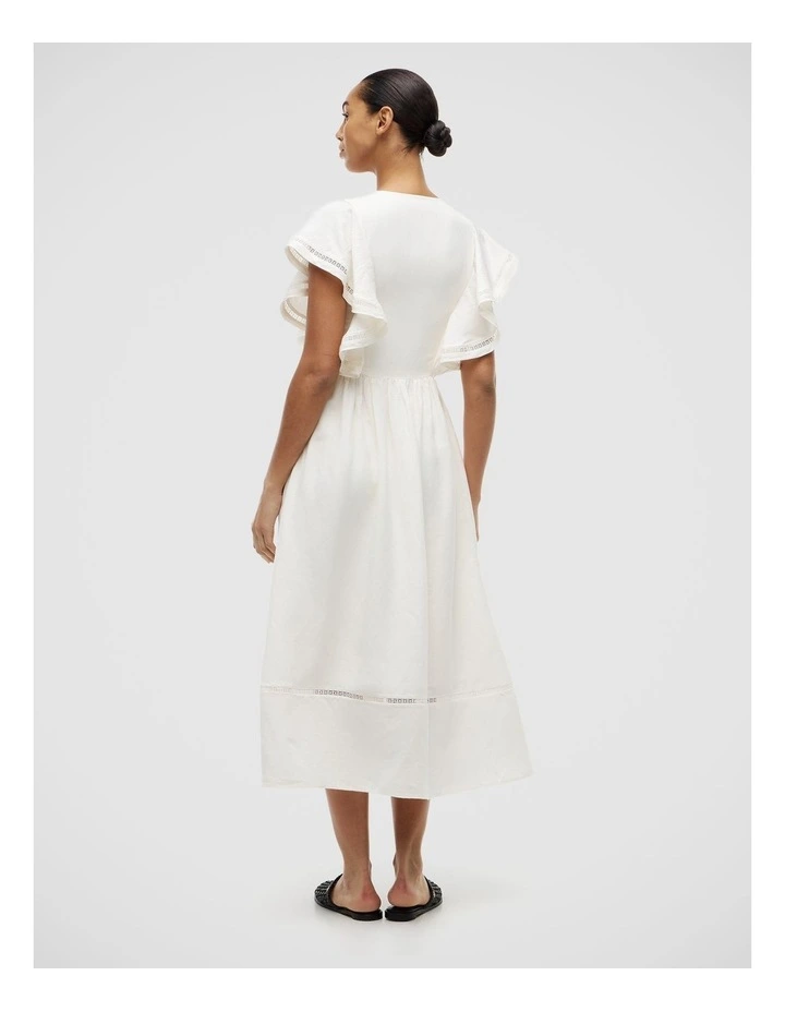 Linen Blend Frill Sleeve Midi Dress in White image 2