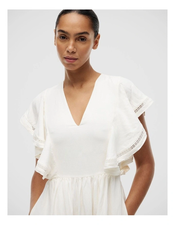 Linen Blend Frill Sleeve Midi Dress in White image 3