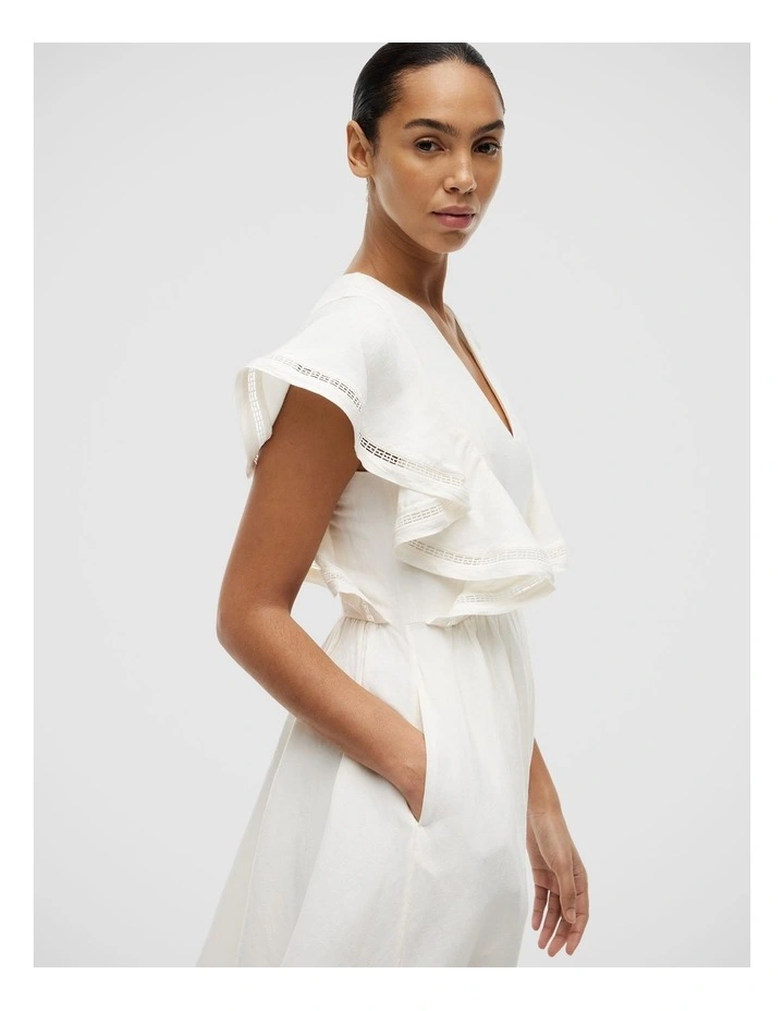 Linen Blend Frill Sleeve Midi Dress in White image 4