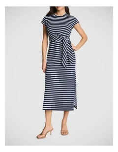 Tie Waist Midi Dress in Navy and White Stripe