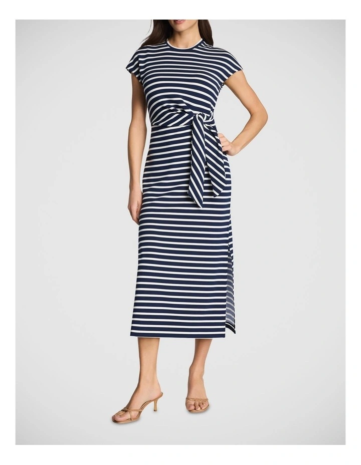 Tie Waist Midi Dress in Navy and White Stripe image 1
