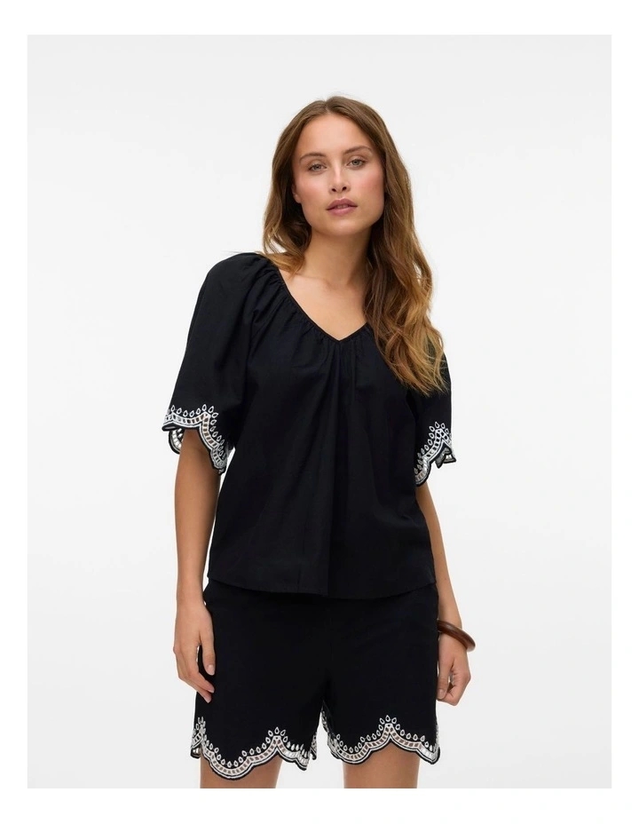 Diana Embroidered V Neck Top in Black image 1