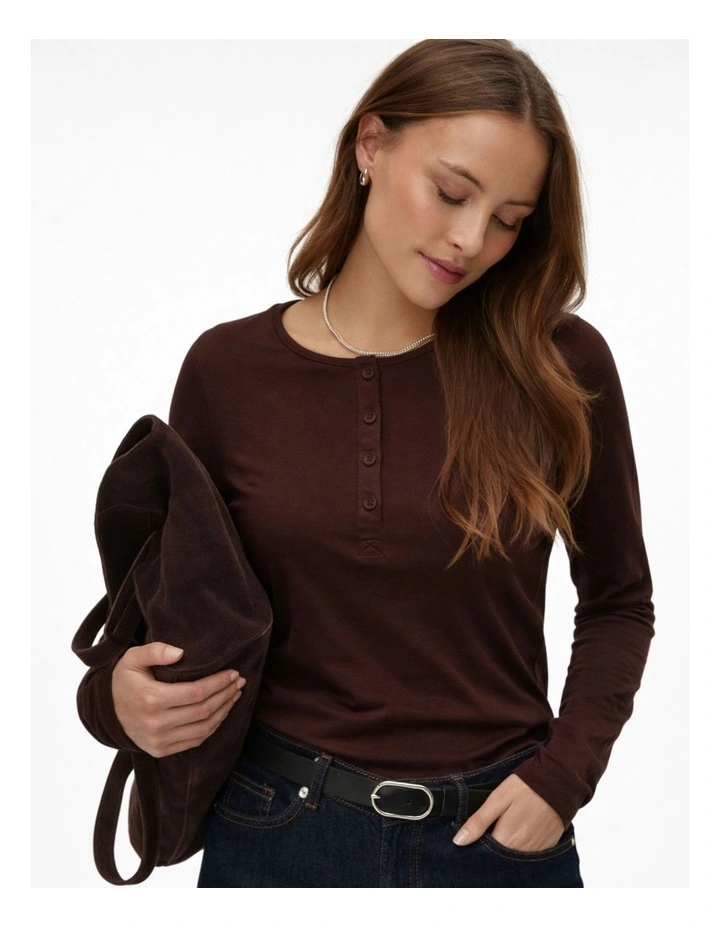 Terka Long Sleeve Button Top in Chocolate image 1