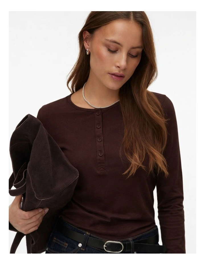 Terka Long Sleeve Button Top in Chocolate image 2