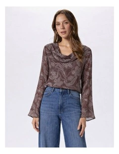 Maira Long Sleeve Drape Neck Printed Top in Brown