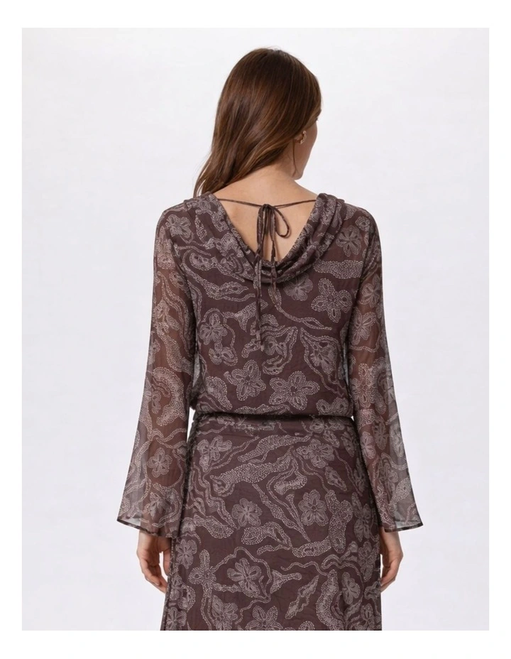 Maira Long Sleeve Drape Neck Printed Top in Brown image 2