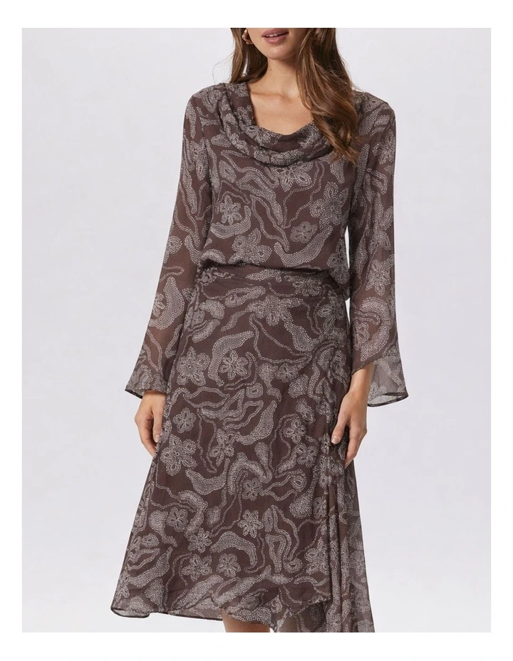 Maira Long Sleeve Drape Neck Printed Top in Brown image 3
