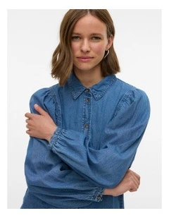 Sitta Long Sleeve Denim Shirt in Mid Blue Denim