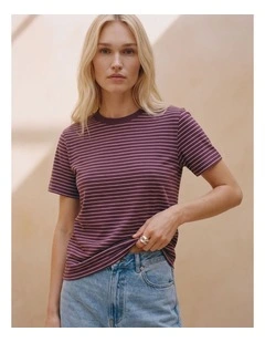 Jada Naima Cotton Stripe T-Shirt in Burgundy