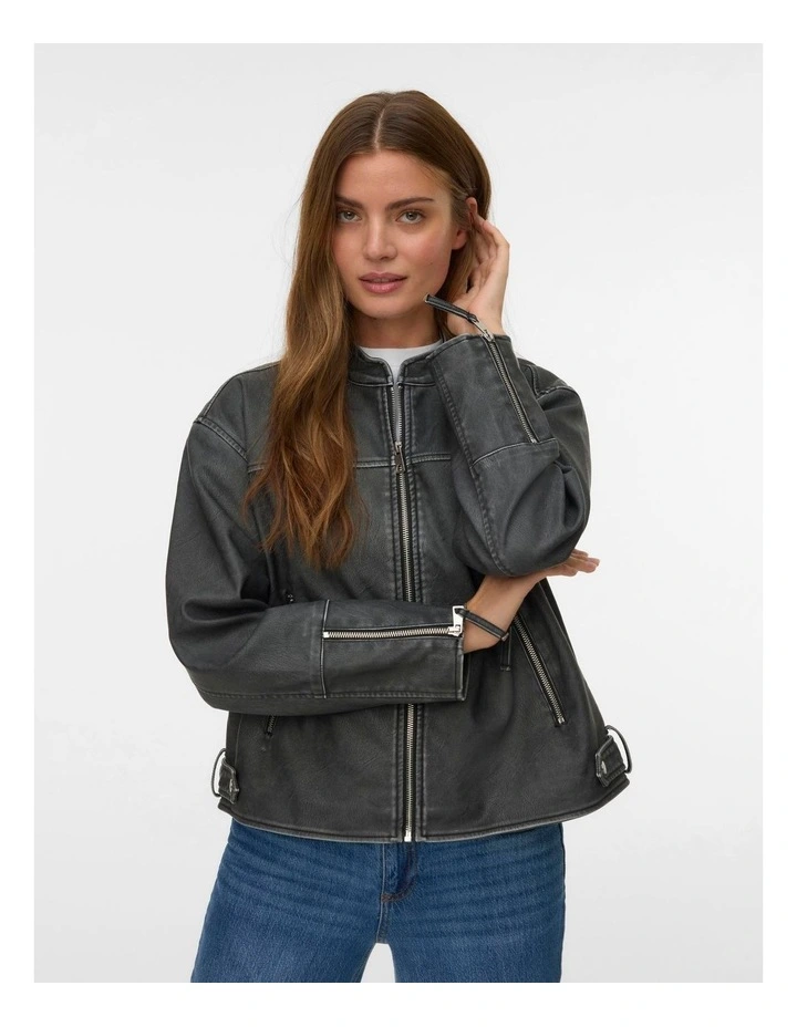Pamela Short Faux Leather Jacket in Dark Grey image 1