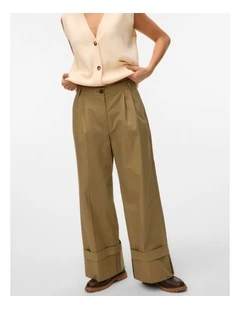 Kora High Waisted Wide Fold Up Pants in Khaki