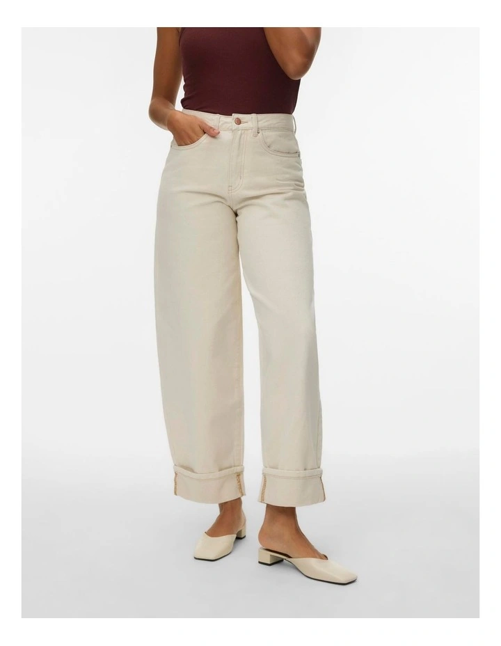 Zelda High Waisted Barrel Fold Up Jeans in Beige image 1
