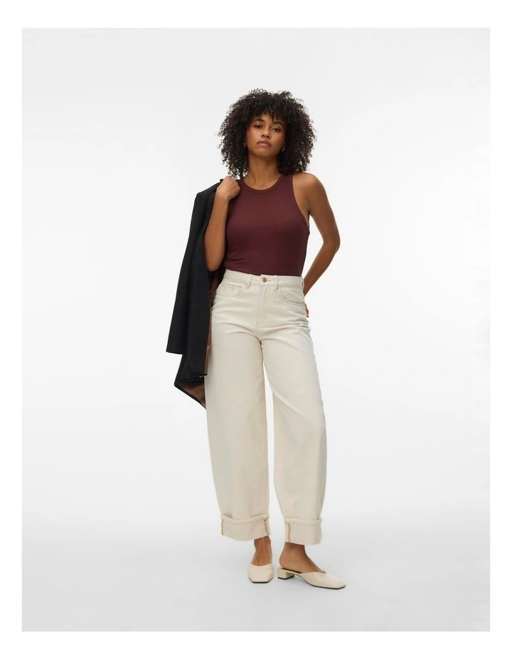 Zelda High Waisted Barrel Fold Up Jeans in Beige image 4