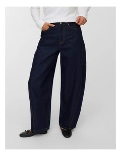 Kaitlin High Waisted Wide Barrel Jeans in Dark Denim