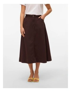 Filia High Waisted Denim Midi Skirt in Brown