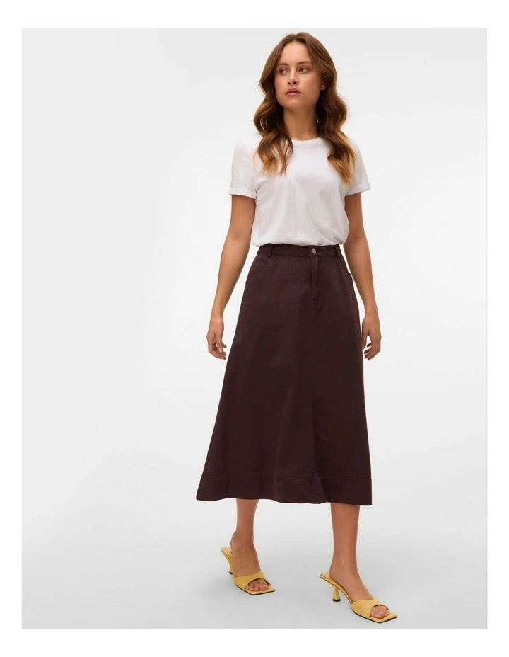 Filia High Waisted Denim Midi Skirt in Brown image 2