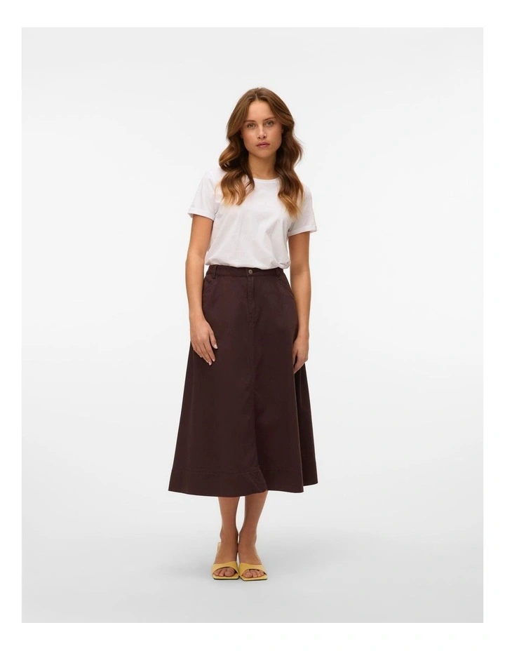 Filia High Waisted Denim Midi Skirt in Brown image 5