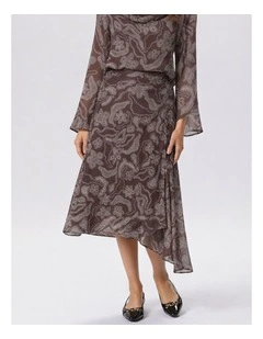 Maira Asymmetric Printed Midi Skirt in Brown
